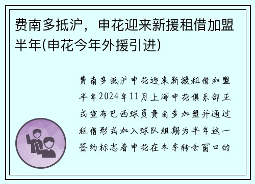 费南多抵沪，申花迎来新援租借加盟半年(申花今年外援引进)